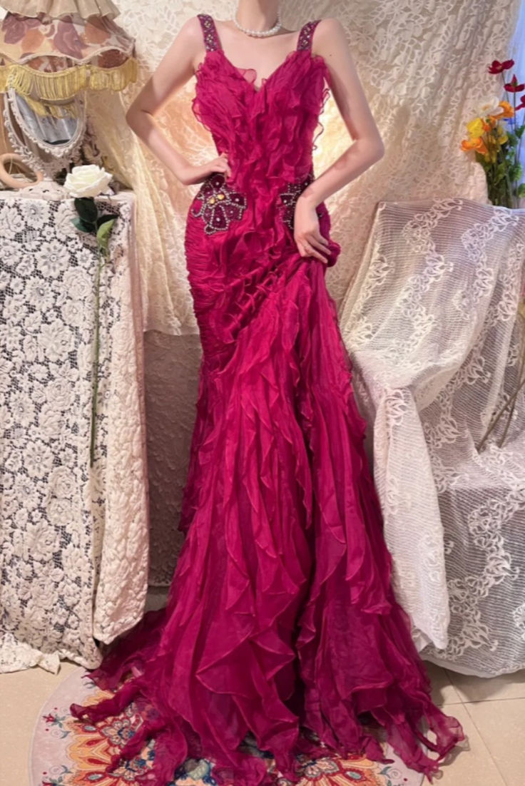 Retro Spaghetti Straps V Neck Chiffon Pleated Ruffles Mermaid Evening Dress Long Prom Gown