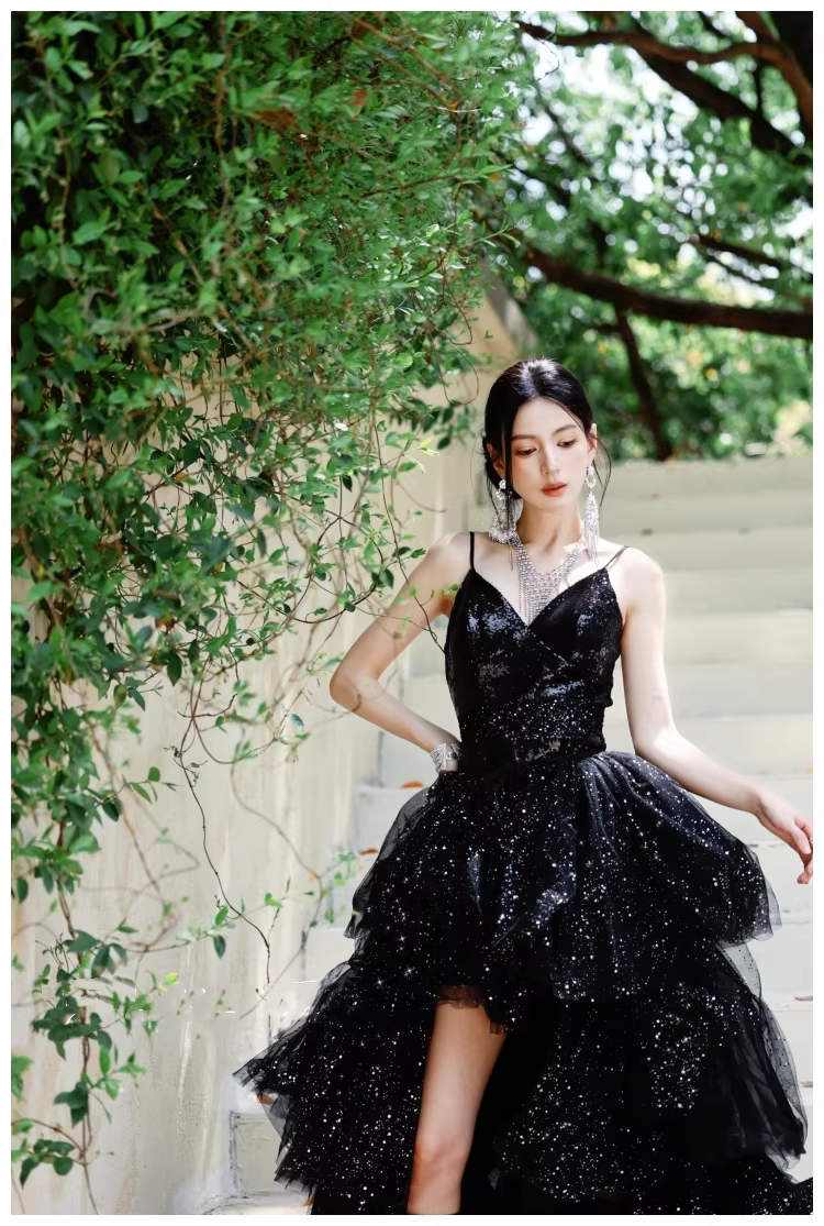 Sparky Black Spaghetti Straps Tulle Sequin Layered Long Birthday Evening Dress Party Dress