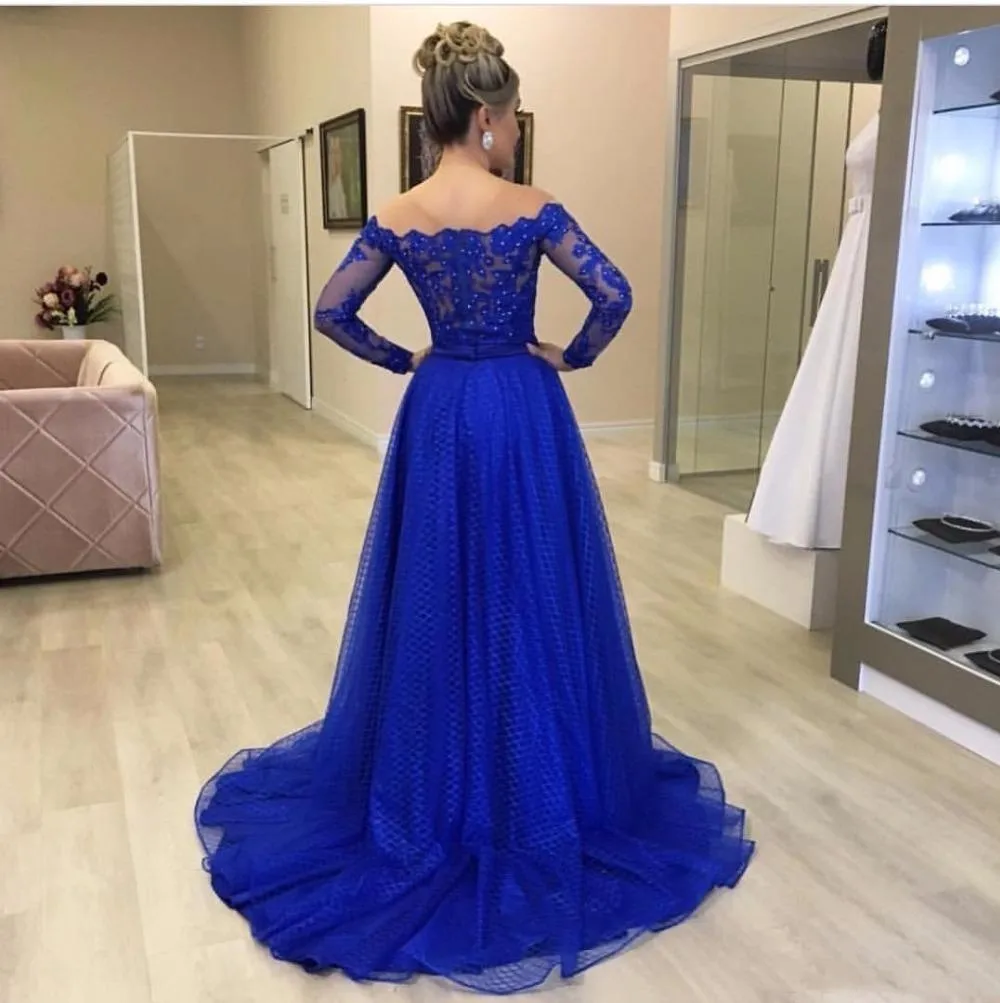 Off shoulder royal blue prom dress