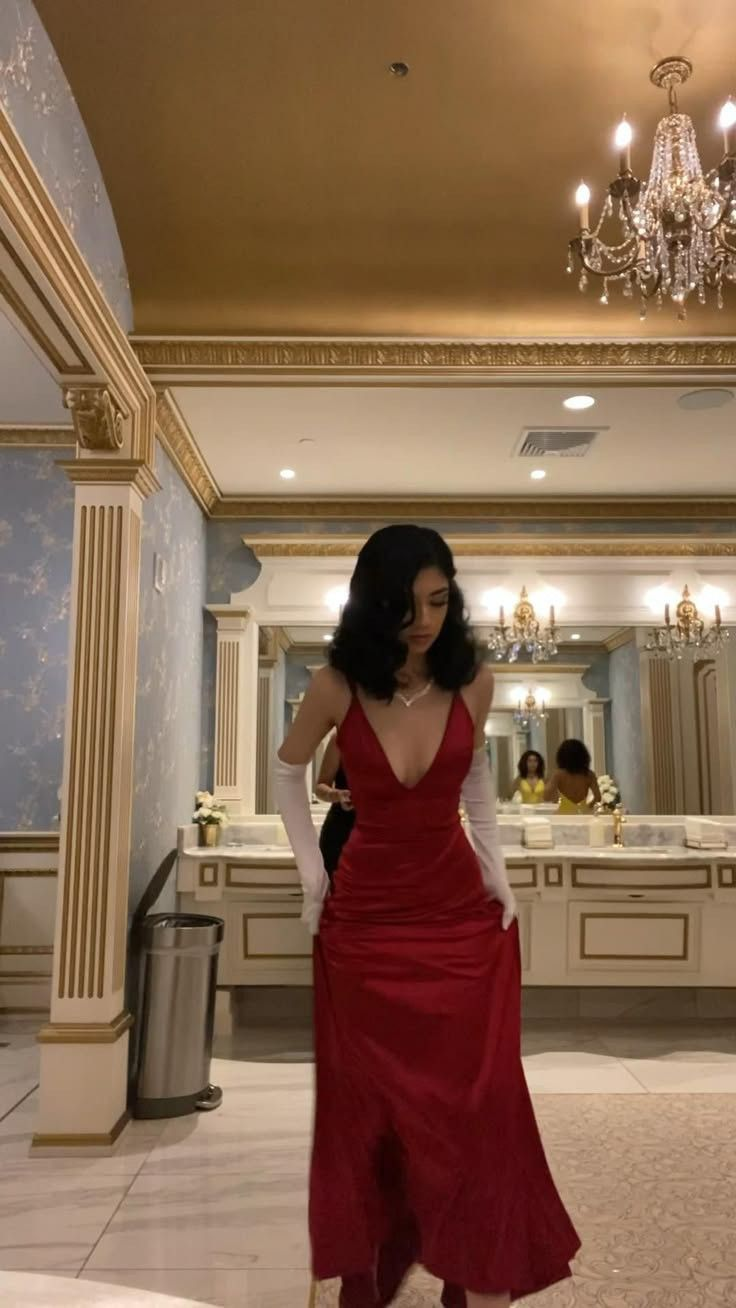 Classy Red Spaghetti Straps V Neck Satin Mermaid Long Wedding Guest Dress Birthday Party Dress With Gloves