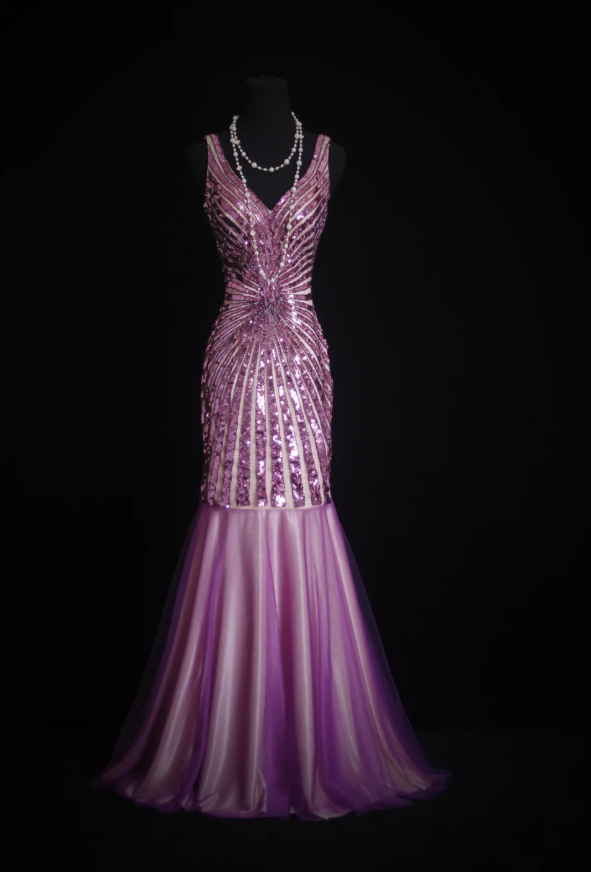 Sparkly V NecK Purple Tulle Sequin Mermaid Evening Dress Long Party Gown