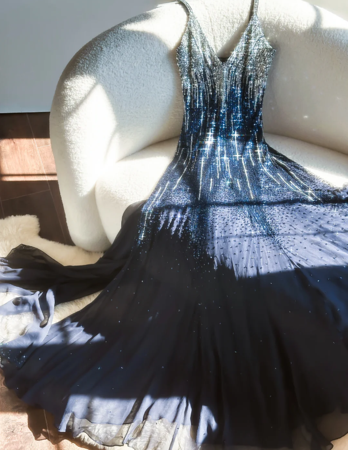 Glitter Navy Blue V Neck Chiffon Beaded Mermaid Long Evening Dress Spaghetti Straps Birthday Party Dress