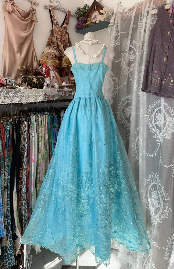 Vintage Spaghetti Straps Blue Tulle Beaded A Line Long Party Dress Formal Wedding Guest Dress