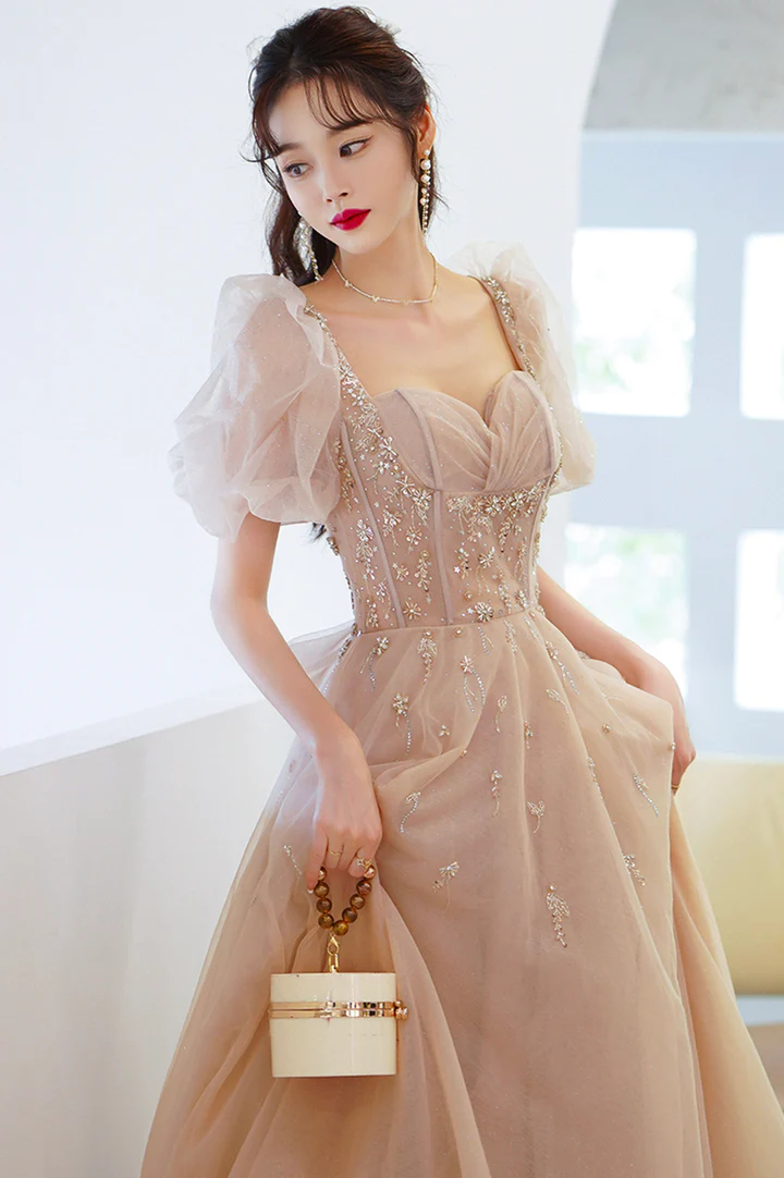 Cute tulle beads long prom dress A line evening gown
