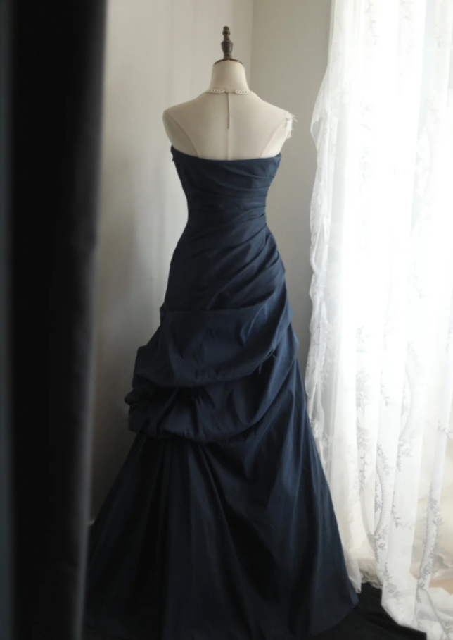 Vintage Navy Blue Strapless Satin Pleated Mermaid Long Evening Dress Birthday Prom Dress