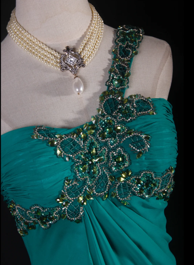 Unique One Shoulder Green Beaded Chiffon Mermaid Long Party Dress Formal Wedding Guest Dress