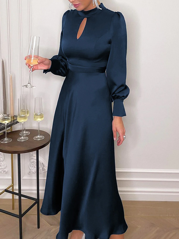 Elegant Simeple Prom Dress With Long Sleeves Split Evening Dress Women's Plain Puff Sleeve O-Neck Long Dress