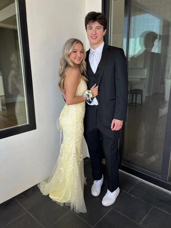 Elegant Yellow Backless Lace Prom Dress Mermaid Party Evening Gown