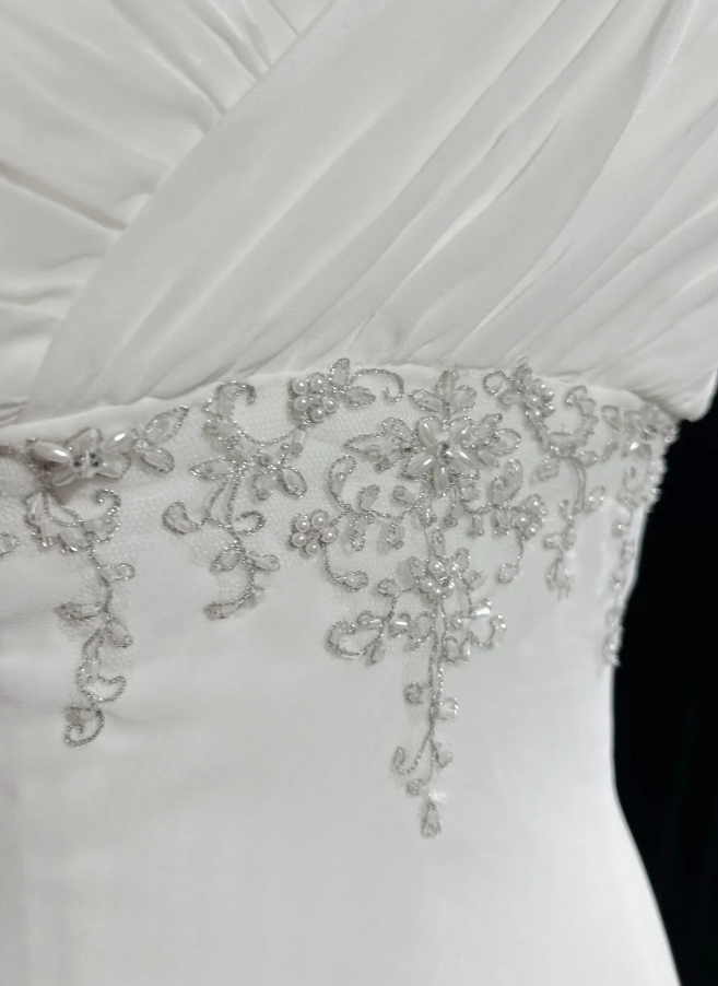 Classy Spaghetti Strap White Tulle Satin Beaded Mermaid Evening Dress Long Wedding Guest Dress