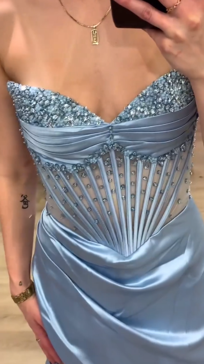 Classy Strapless Blue Satin Beaded Slit Mermaid Party Dress Long Prom Dress