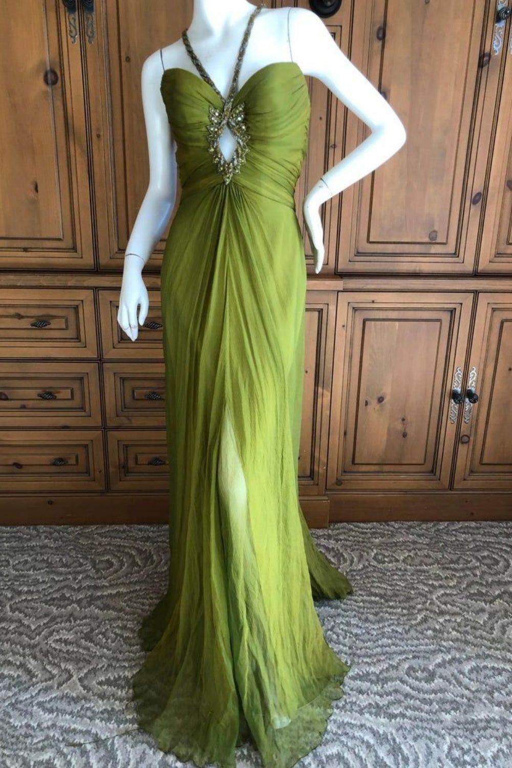 Chic Halter Green Chiffon Beaded Mermaid Evening Dress Long Prom Dresses