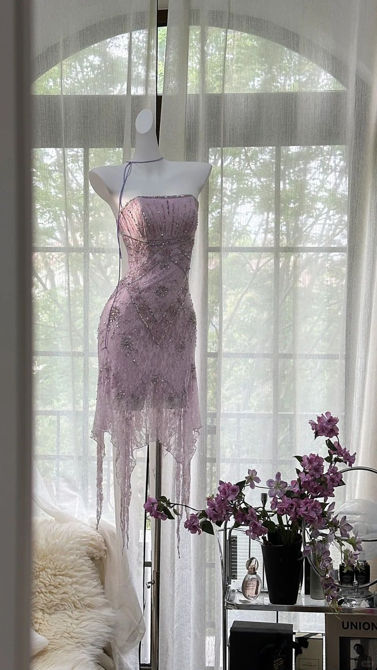 Pretty Lilac Lace Beaded Birthday Outfits Strapless Short Graduation Homecoming Dress