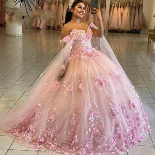 Lace Appliques Quinceanera Dresses Ball Gown Off Shoulder 3D Flowers Sweet 15 16