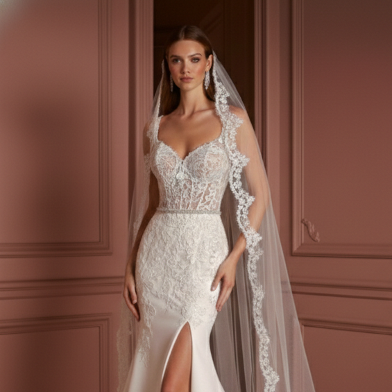 Cape Wedding Dress Removable Veil Long Lace Applique Bridal