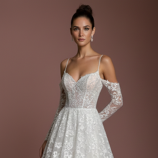 Champagne Lace Wedding Dress Vintage Long Aesthetic Romantic