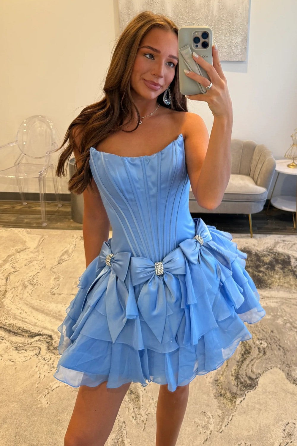 Princess A Line Strapless Blue Corset Homecoming Dress with Bowknot Beading