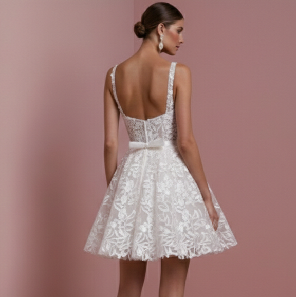 Classic Hem Wedding Dress Short Knee Length Embroidery Bridal