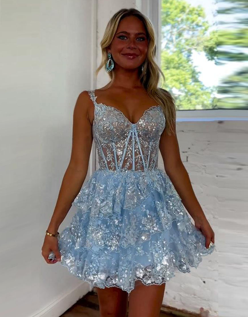 Charming Glitter A-Line Off The Shoulder Tiered Short Homecoming Dress