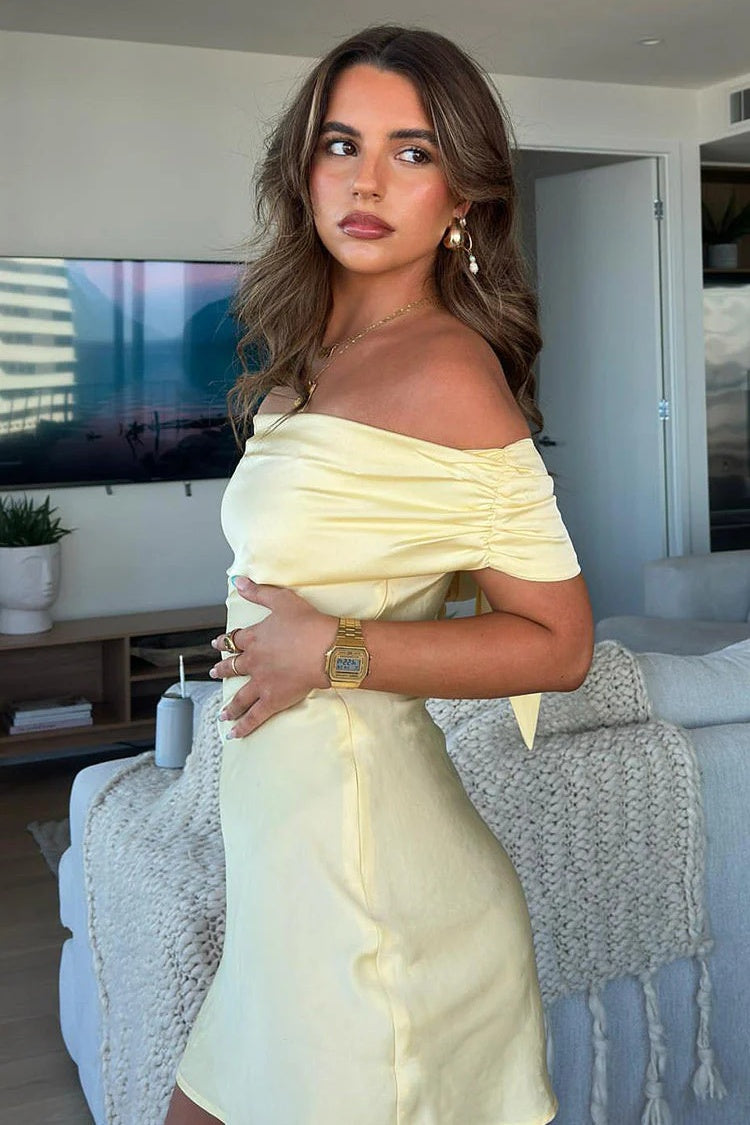 Cute A Line Off the Shoulder Yellow Satin Short Homecoming Dress