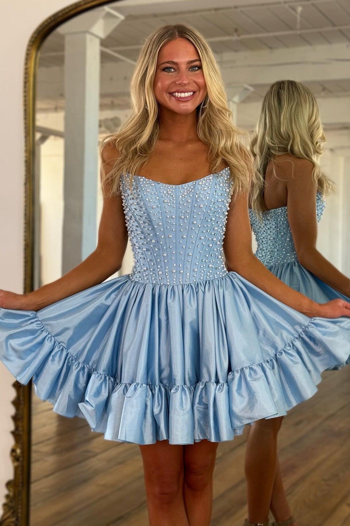 Cute A Line Strapless Pink Corset Homecoming Dress with Pearls