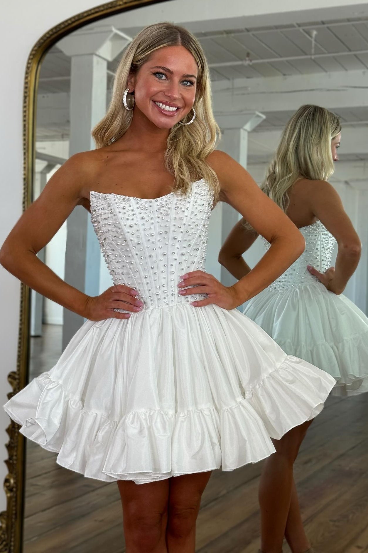 Cute A Line Strapless Pink Corset Homecoming Dress with Pearls