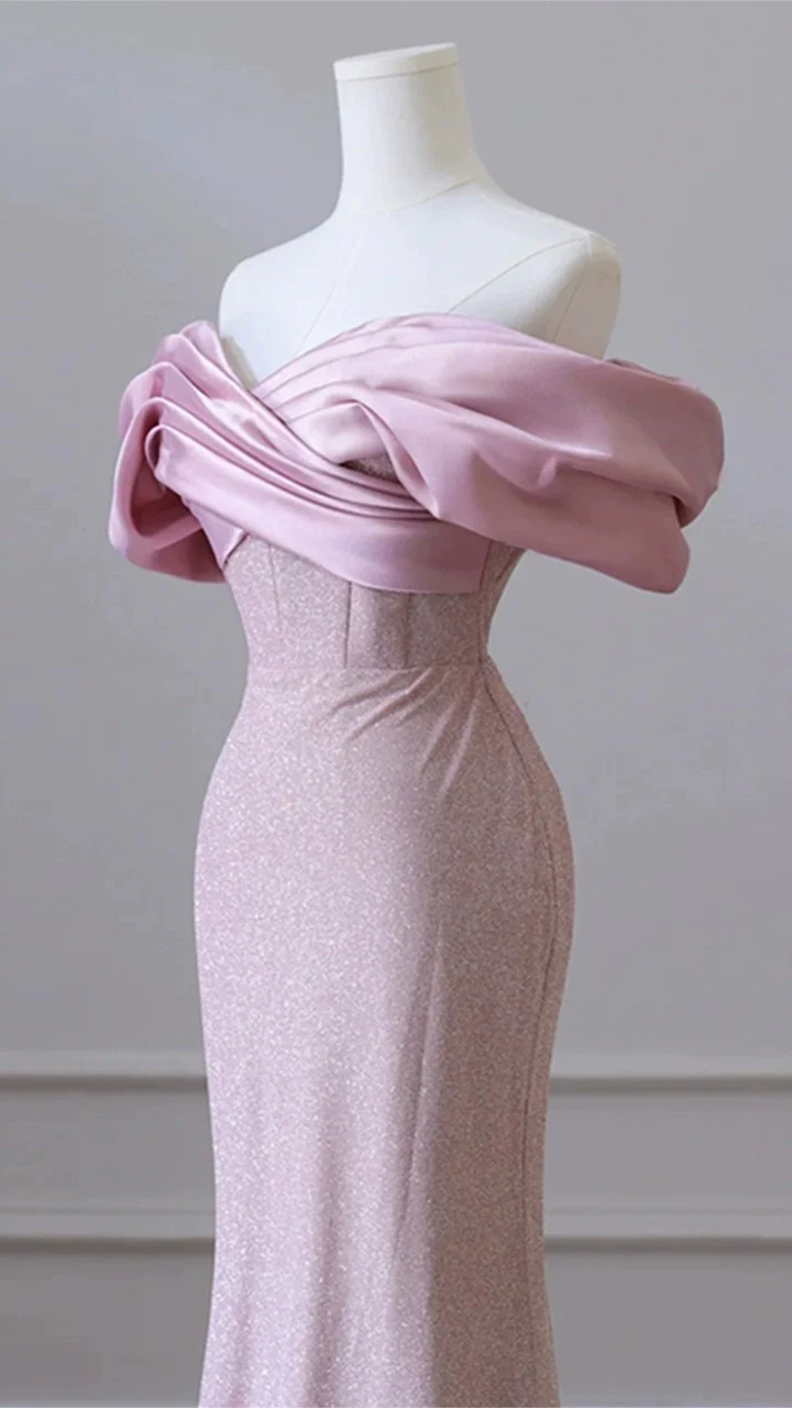 Modest Mermaid Off The Shoulder Sequin Pink Long Prom Dress