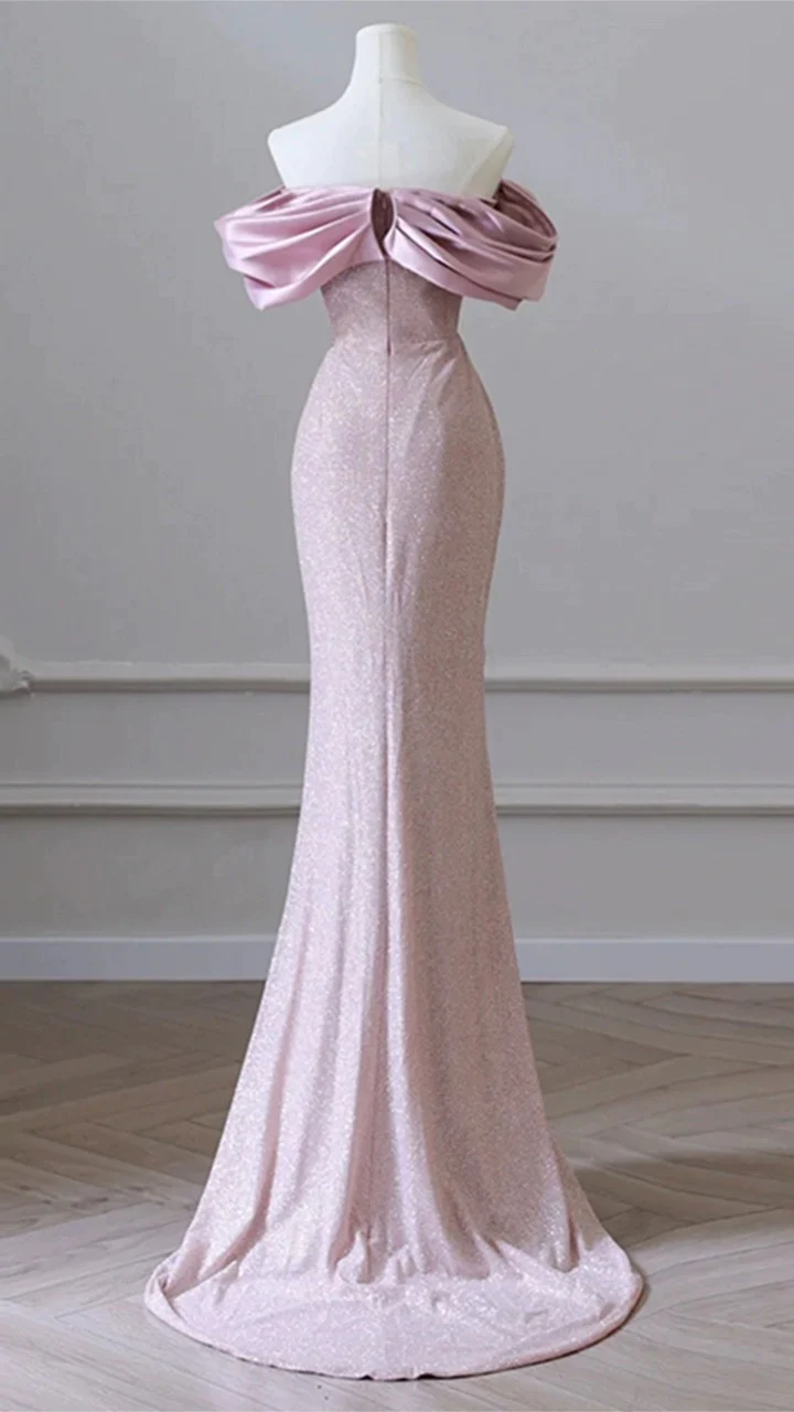 Modest Mermaid Off The Shoulder Sequin Pink Long Prom Dress