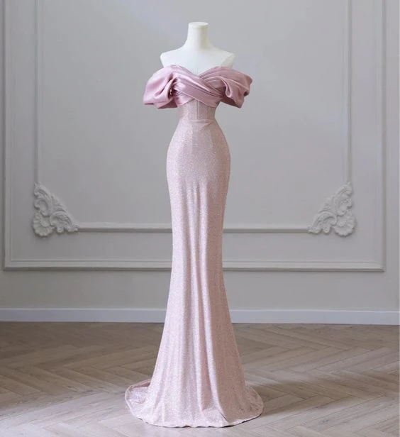 Modest Mermaid Off The Shoulder Sequin Pink Long Prom Dress