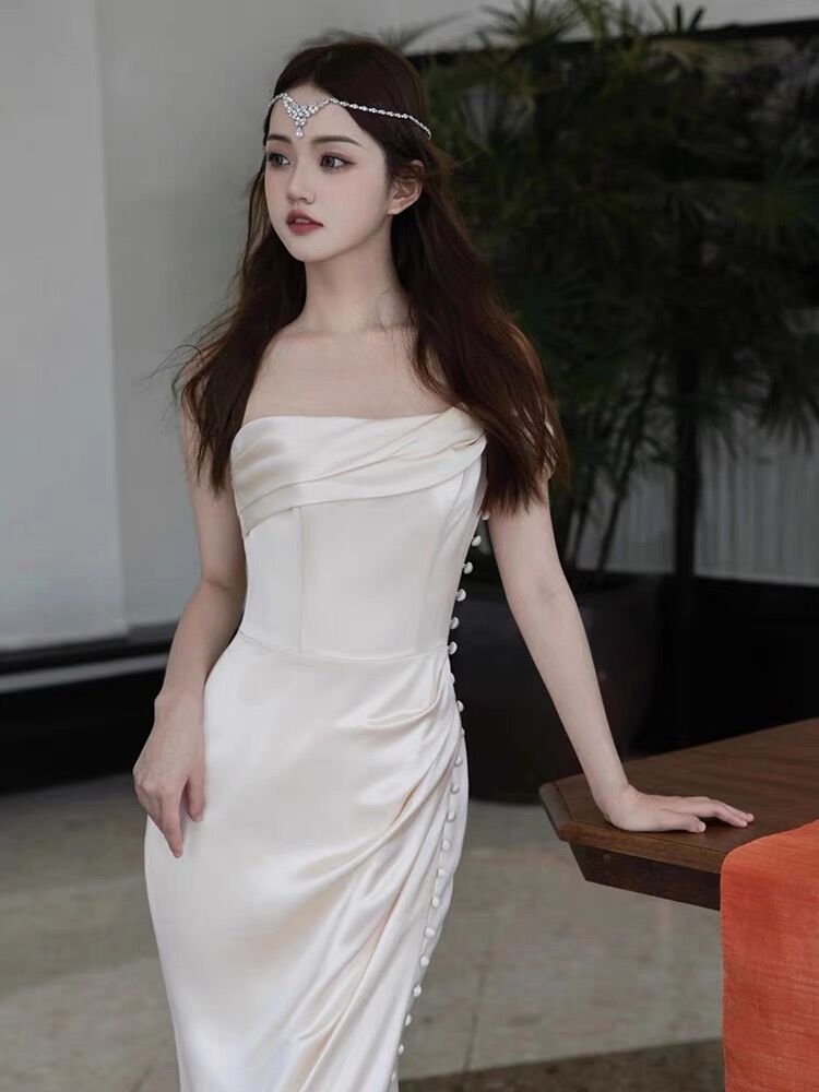Vintage Mermaid Sleeveless Silk Satin Long Prom Dresses