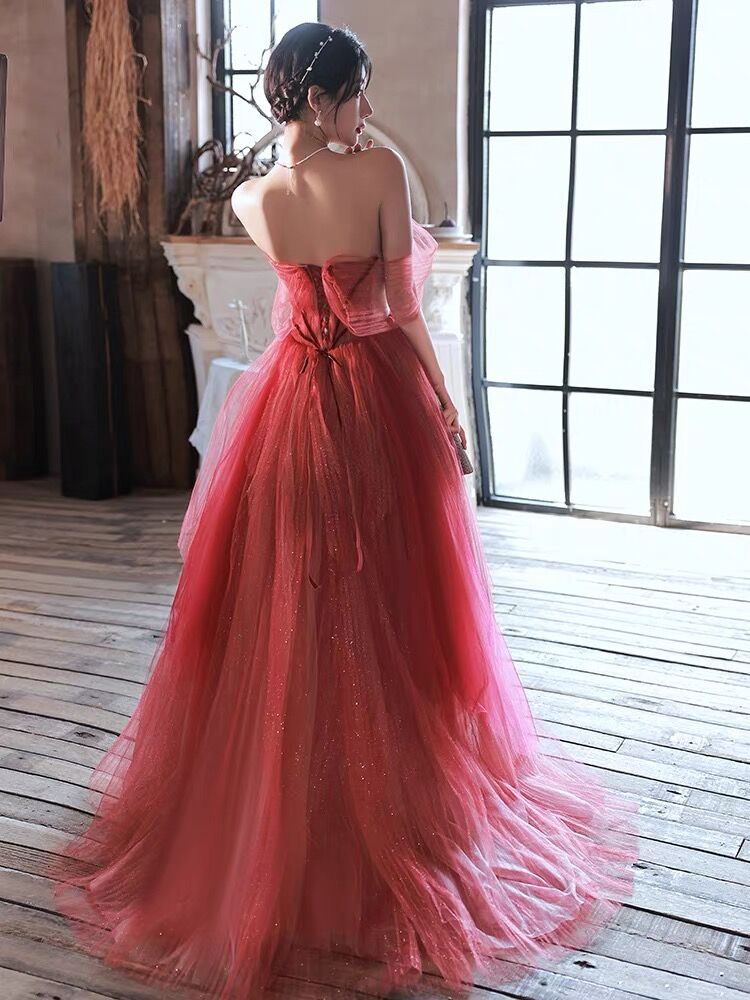 Simple A line Off The Shoulder Long Red Tulle Prom Dresses
