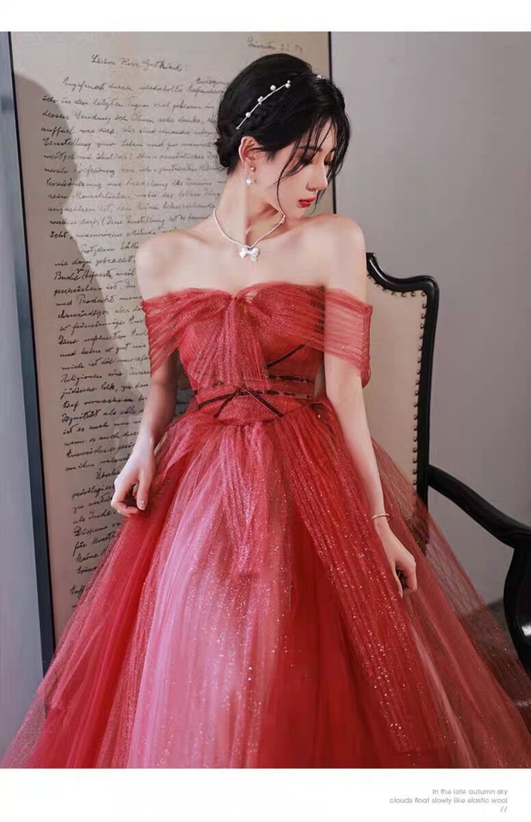 Simple A line Off The Shoulder Long Red Tulle Prom Dresses