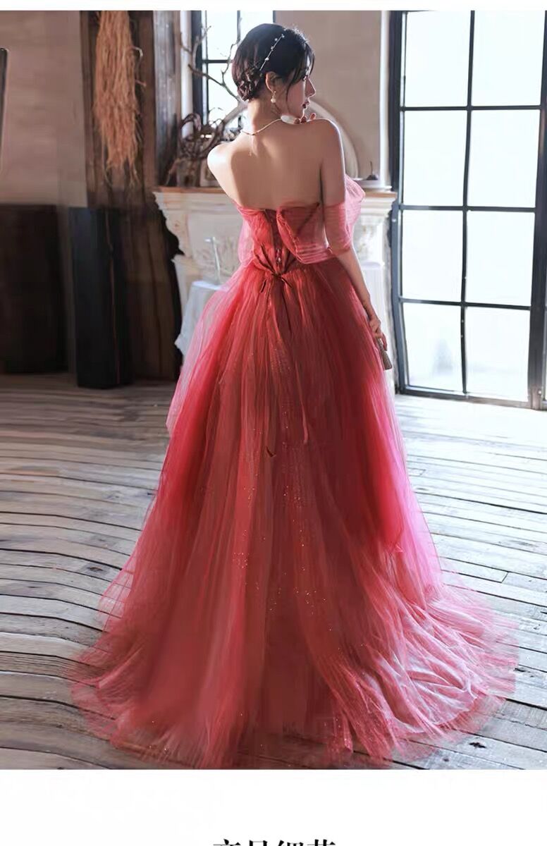 Simple A line Off The Shoulder Long Red Tulle Prom Dresses