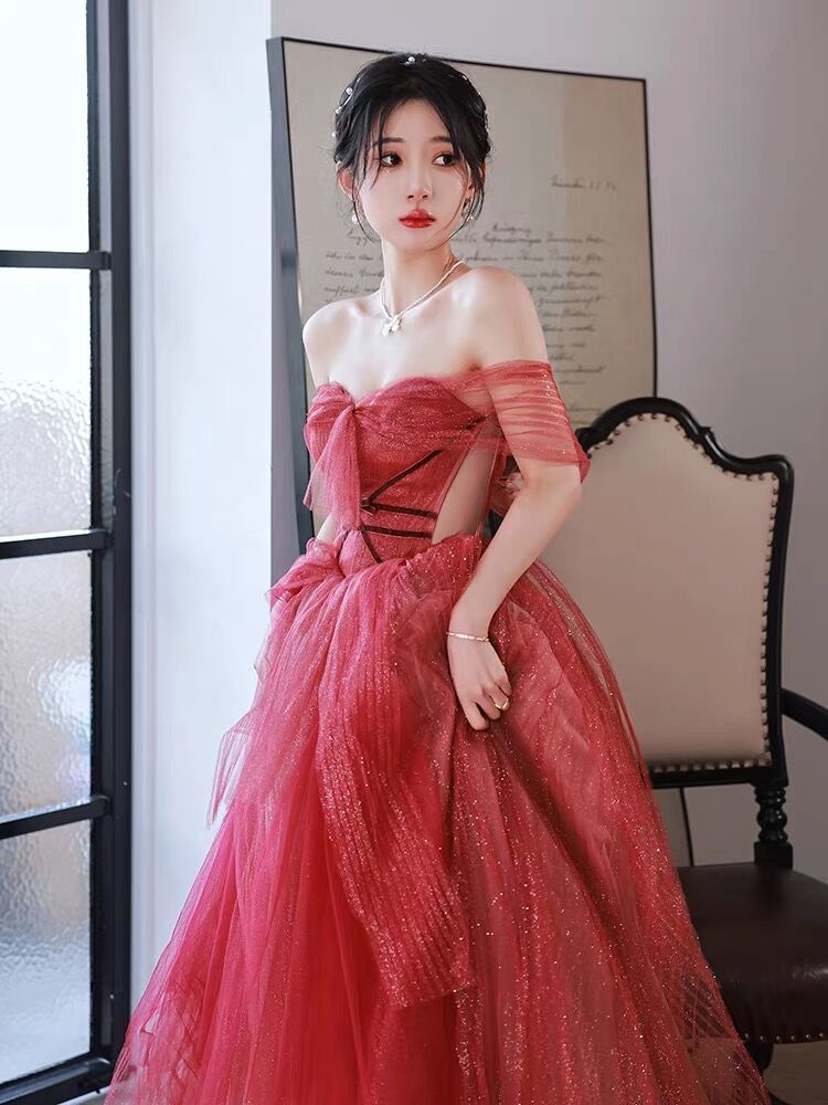Simple A line Off The Shoulder Long Red Tulle Prom Dresses