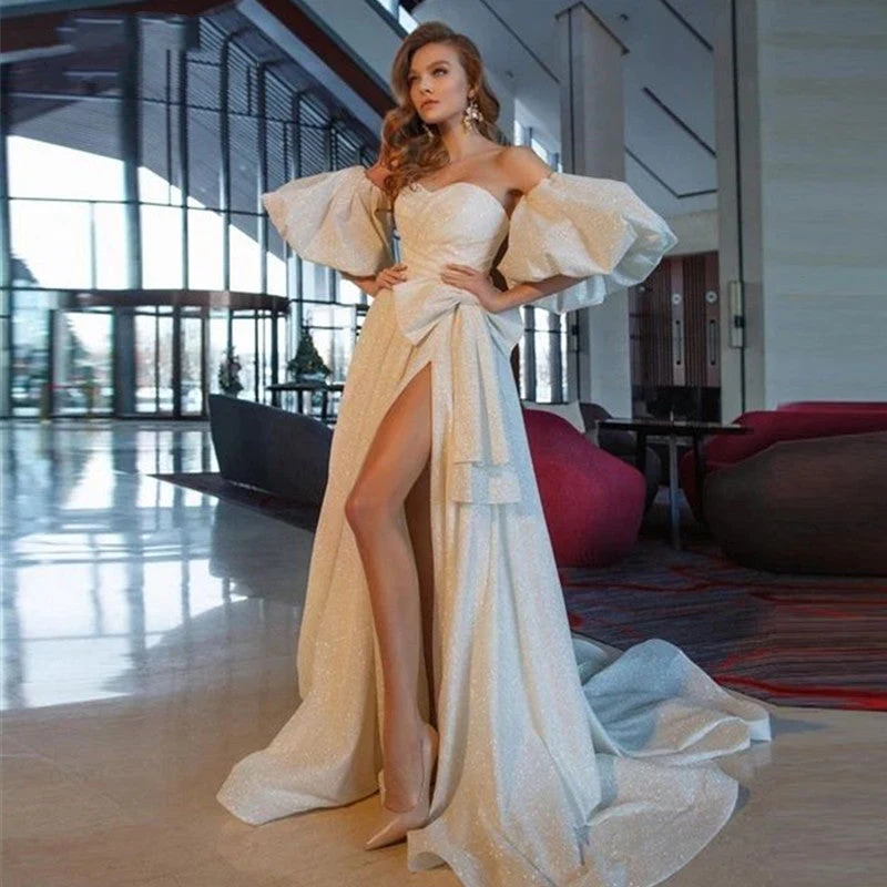 Sparkle Sweetheart White A-Line Evening Dress Elegant Women Prom Dress Off Shoulder Bow Split Puffy Sleeves