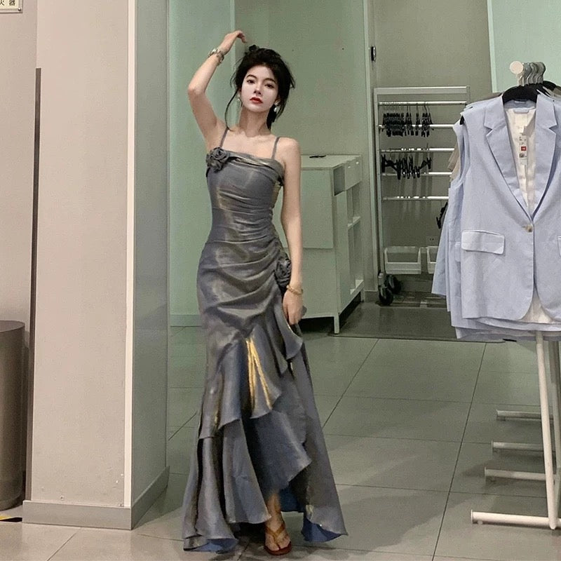 Retro Mermaid Spaghetti Straps Prom Dresses Gray Long Party Dress