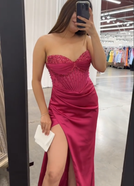 Pretty Mermaid Spaghetti Straps Hot Pink Long Satin Prom Dresses Formal Evening Dress