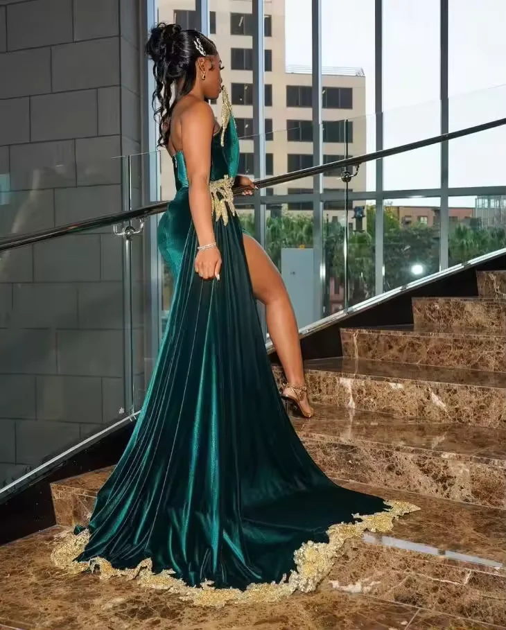 Sexy Halter Velvet Lace Appliques Evening Dress,Green Slit Party Dress Evening Gown