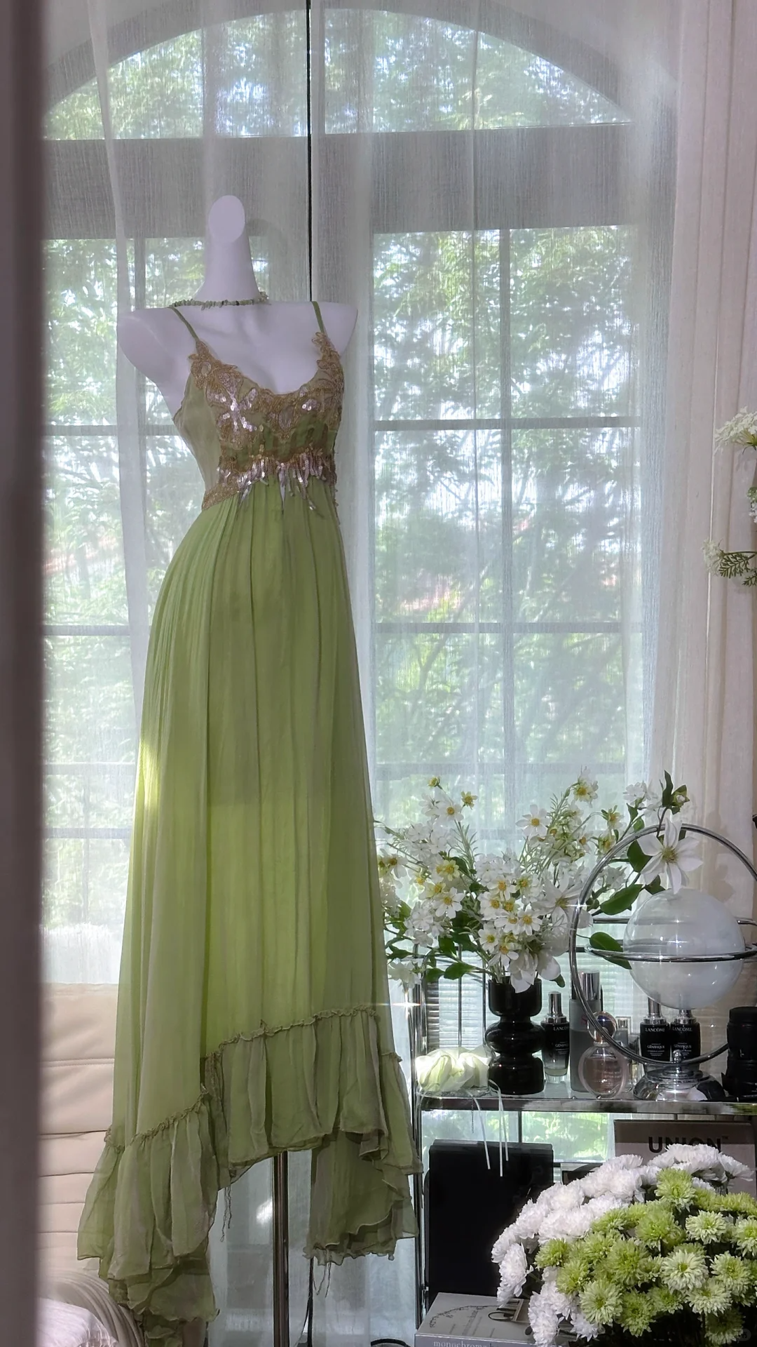 Elegant Spaghetti Straps Green Chiffon Sequin Mermaid Prom Dress Long Birthday Party Dress
