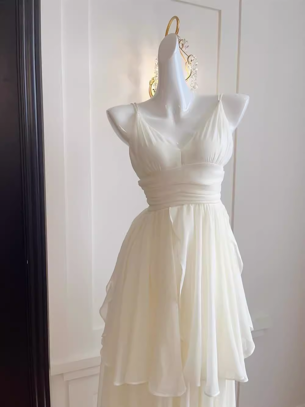 Simple A line Spaghetti Straps White Chiffon Long Ruffles Party Dresses Birthday Dress