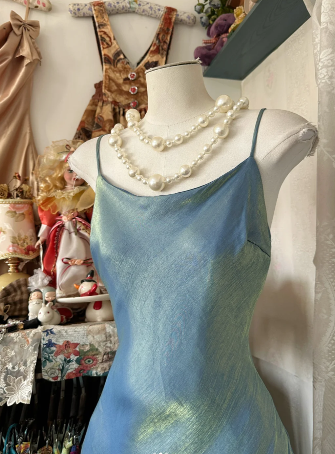 Vintage Spaghetti Straps Satin Mermaid Blue Long Party Dress Wedding Guest Dress