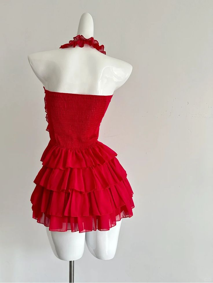Beautiful Red Halter Chiffon Ruffle Formal Birthday Dress Short Vacation Dress