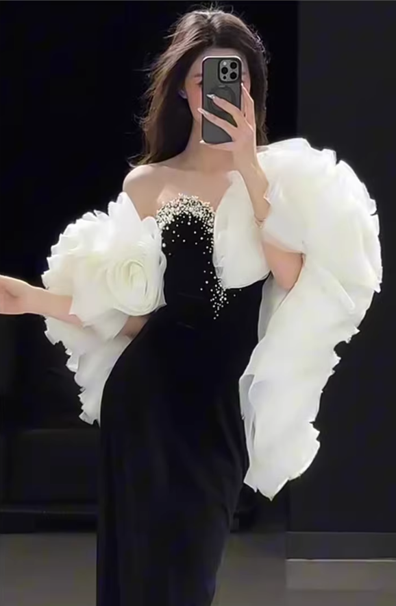 Gorgeous Strapless Black Velvet Beaded Mermaid Long Prom Dress Birthday Party Dress