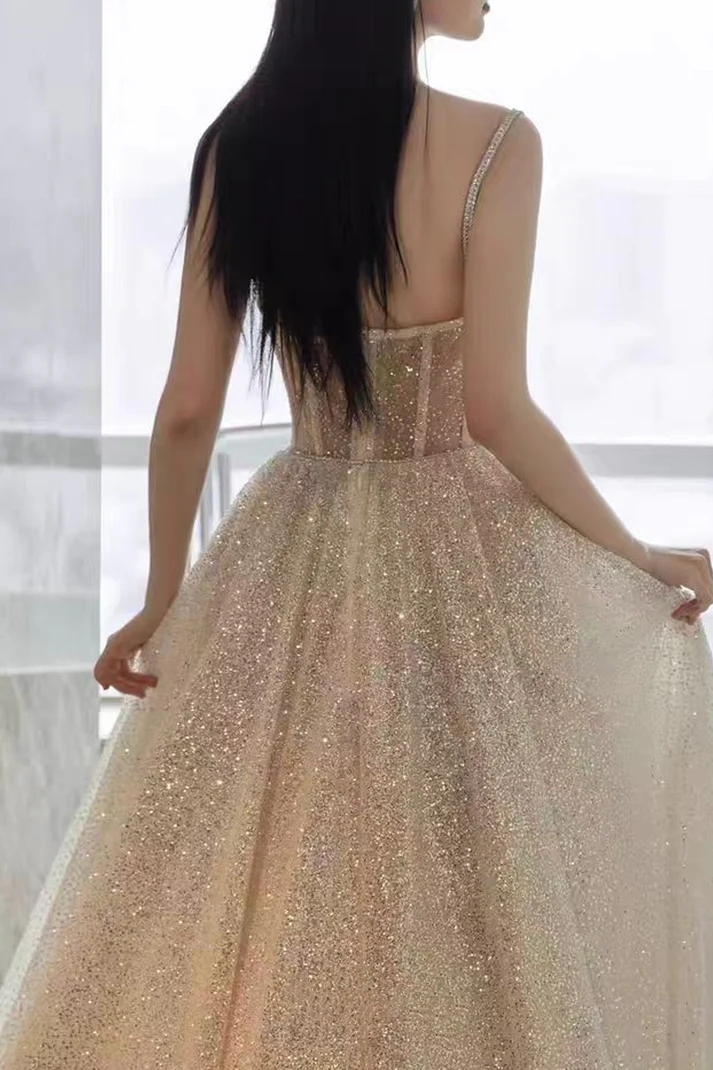 Glitter Spaghetti Straps Tulle Silver Sequin A Line Birthday Party Dress Long Evening Dress Prom Gown