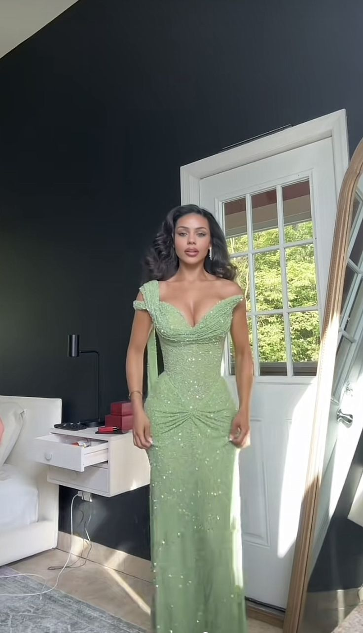Glitter Mint Green Sequin One Shoulder Mermaid Prom Dress Side Slit Long Party Dress