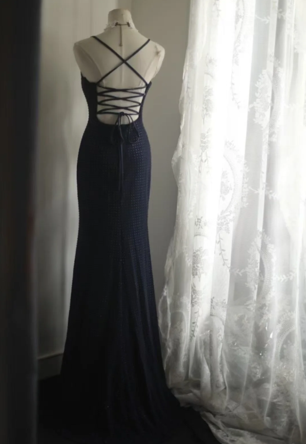 Classy Spaghetti Straps Navy Blue Beaded Mermaid Long Evening Dress Formal Wedding Guest Dress