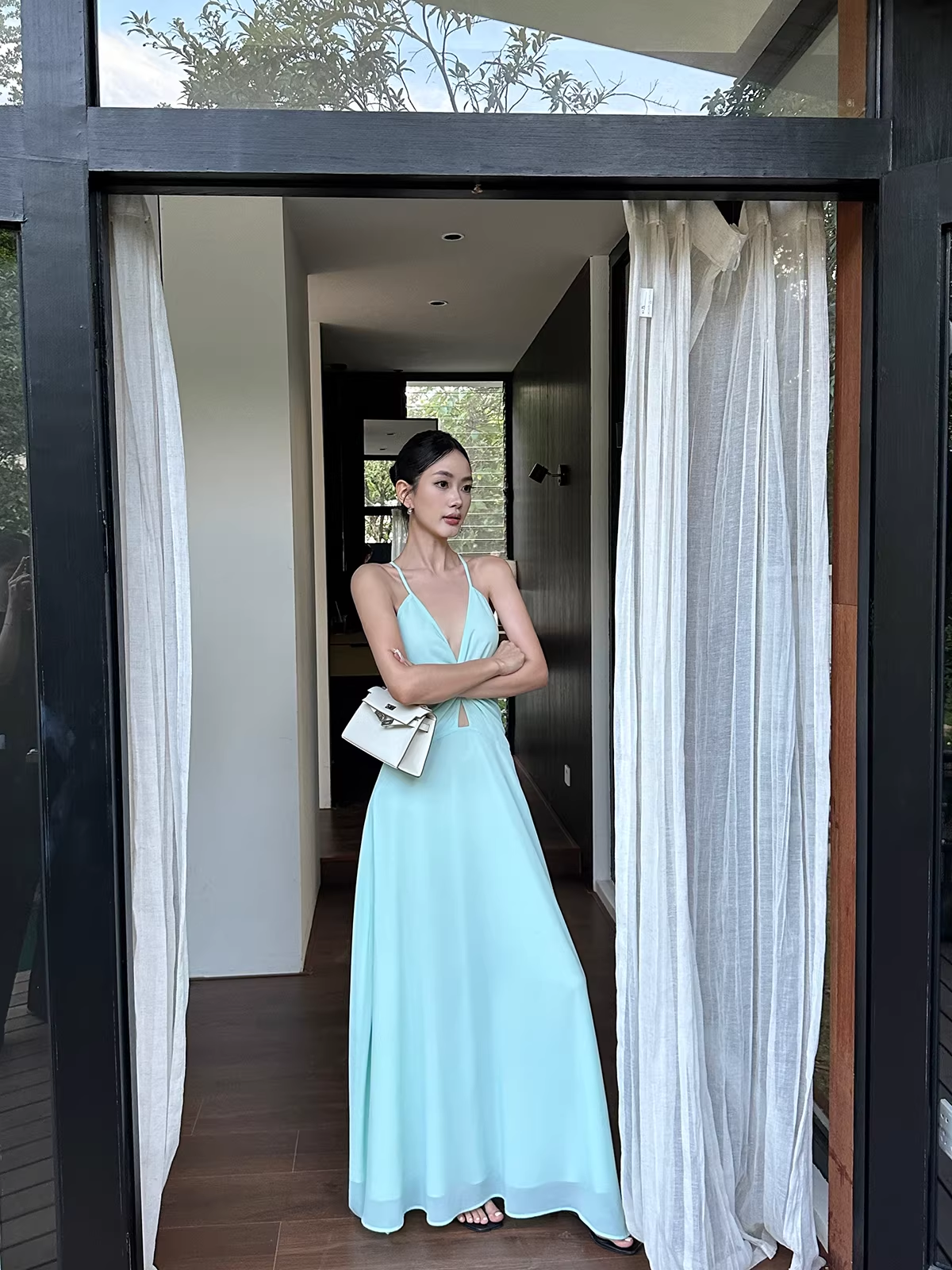 Simple Spaghetti Straps V Neck Green Chiffon A Line Long Party Dress Evening Dress