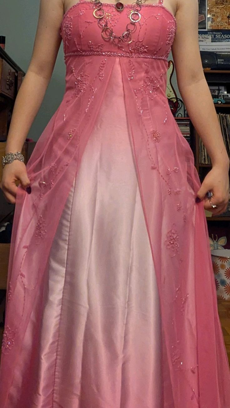 Elegant Spaghetti Straps Ombre Pink Satin Beaded Long Party Dress Formal Evening Dress
