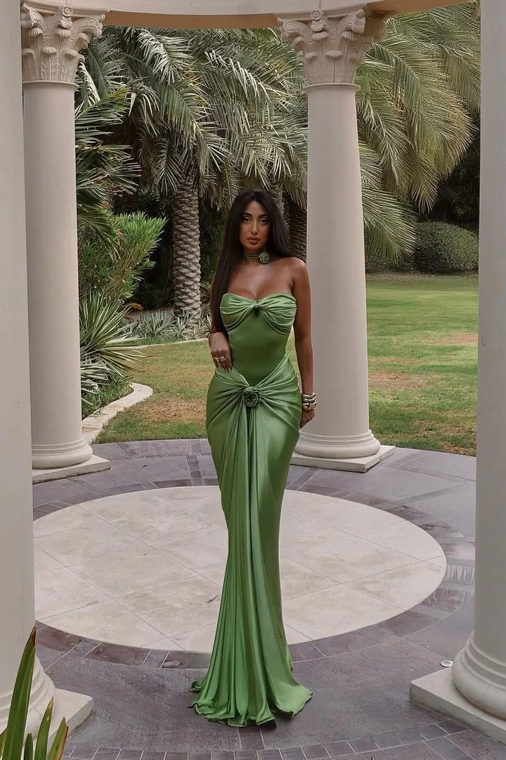 Modest Mermaid Sweetheart Sage Green Long Satin Prom Dresses Evening Dress