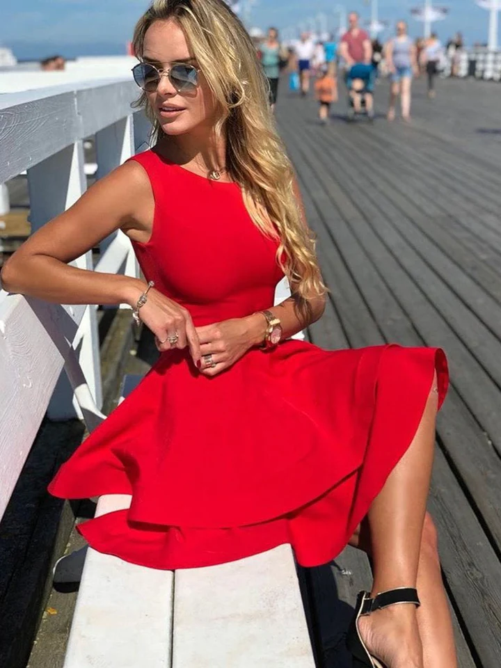 Round Neck Layered Short Red Dresses, Short Red Formal Graduation Homecoming Dresses