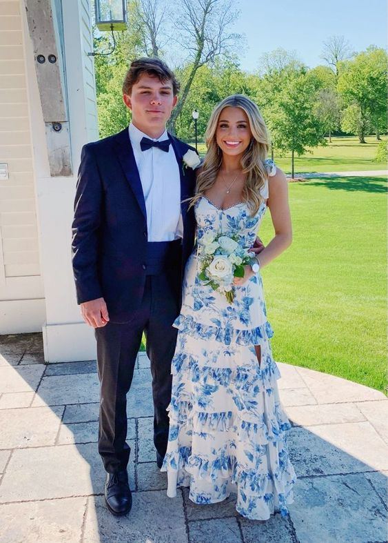 Blue Print Sexy Prom Dress, Long Evening Dress Prom Dresses